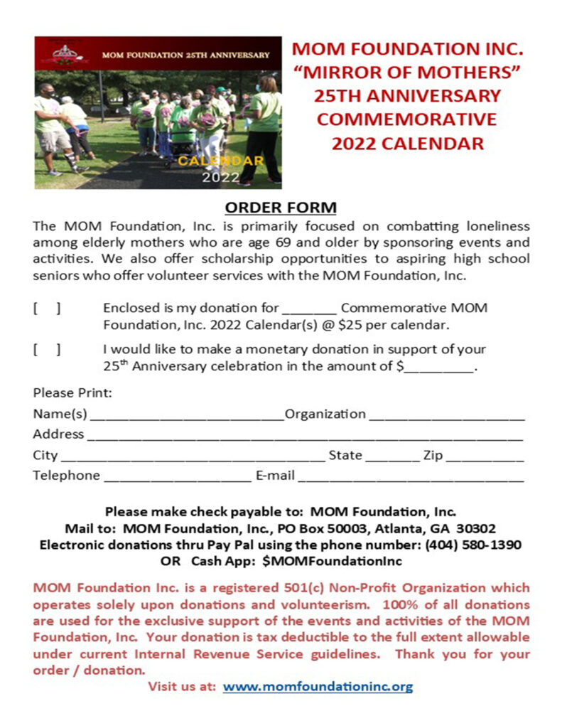 2022 MOM Foundation 25th Anniversary Calendar order form.